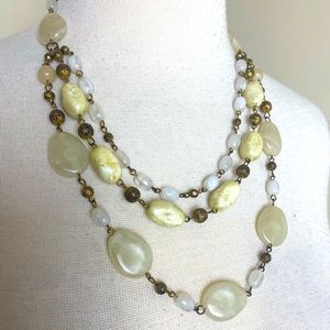 3 strand faux stone beaded necklace clear pearl white gold accents adjustable